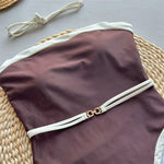 Brown Strapless Sexy Swimsuit Women One Piece Swimwear 2026 White Edge Metal Ring Belt High Cut Bathing Swimming Suit Monokini