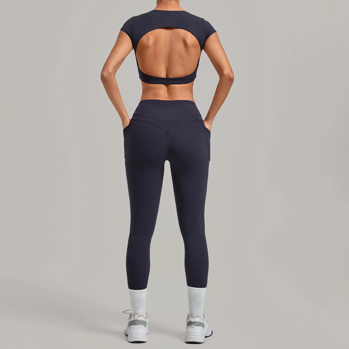 Yoga Set Women's Tracksuit Short Sleeve Back Hollow Out Sports Top Athletic Wear Tight High Waist Pocket Leggings Fitness Suits