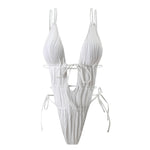2026 New Deep V One Piece Black Swimsuit Halter Solid Color Women's Backless Bathing Suit Bandage White Swimwear For Female