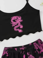Summer Pajamas Set for Women Nightwear Sexy Dragon Printed Vest Halter Top Shorts Suit Homewear Sleepwear Loungewear