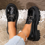 Women Patent Leather Platform Loafer Shoes Metal Buckle Decor Slip On Chunky Lug Sole Retro Preppy Casual Dress Shoes