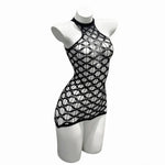 Sexy Mesh Halter Neck Hollow Out Open Crotch Dress With Exposed Chest And Sheer For Women Off-the-shoulder Mini Dress Charm RCIJ