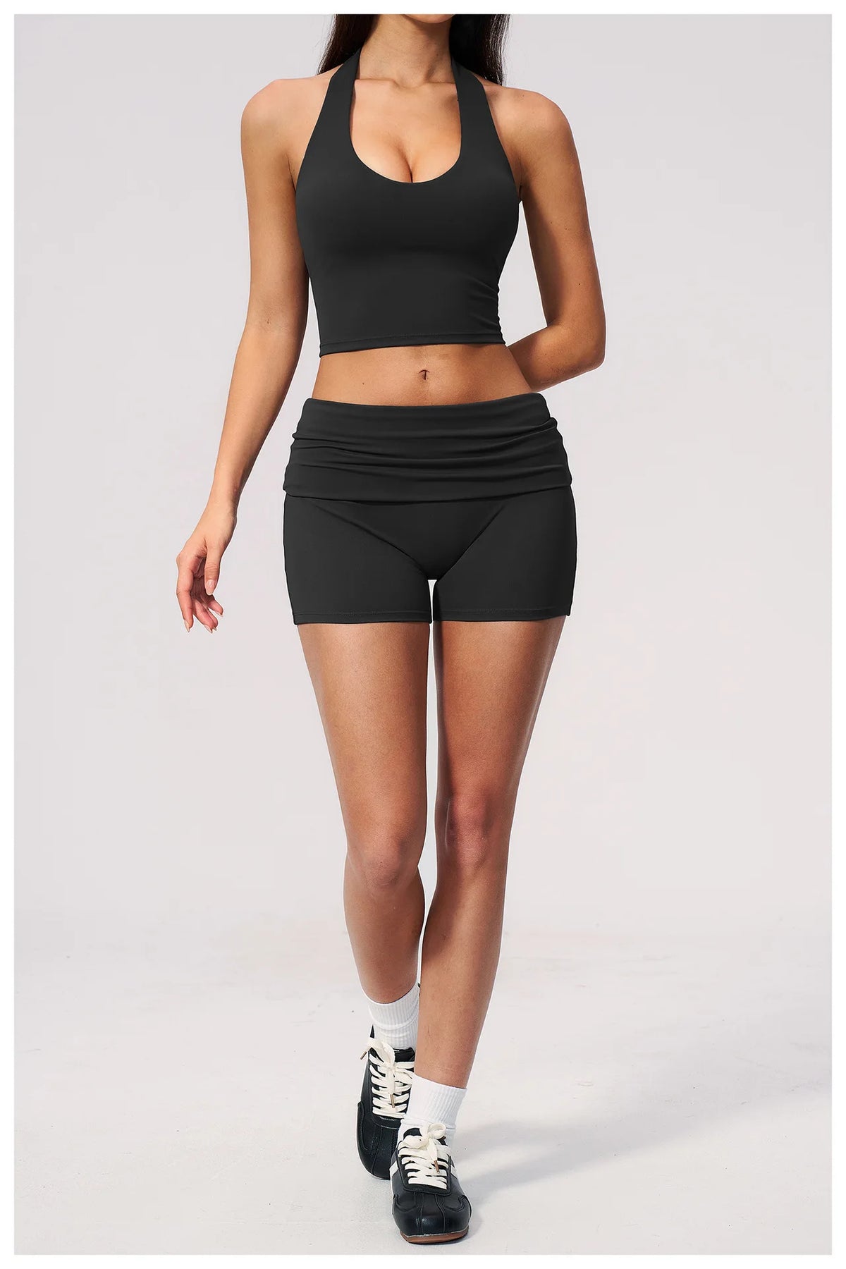 2PCS Yoga Set Women V-neck Cross Neck Shock-absorbing Sports Vest Workout Pleate Flip High Waist Shorts Gym Runing Fitness Suits