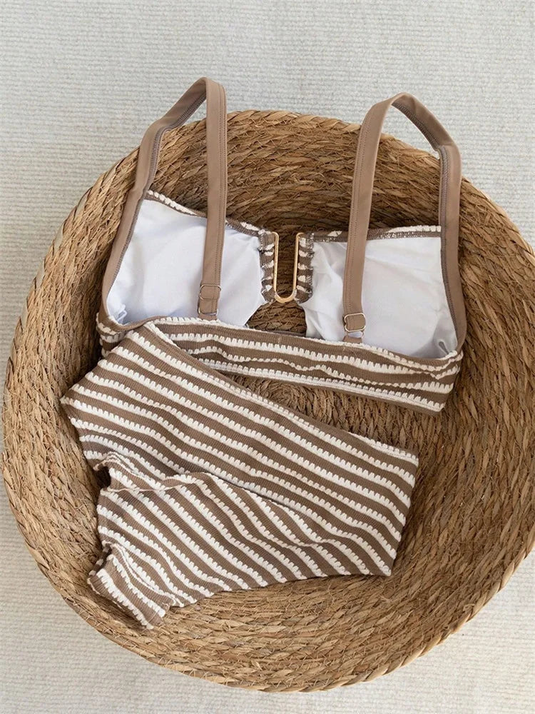 Sexy Black Striped Two Piece Bikini Set Women Metal U Neck Push Up Bra Belt High Waist Swimsuit Beach Bathing Suit Swimwear 2026