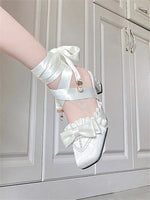 Brand New Vintage y2k Square Toe Mules Pumps Gothic Ruffles Lolita Bow-knot Block Heels Ribbon Tie Ballet Shoes Women