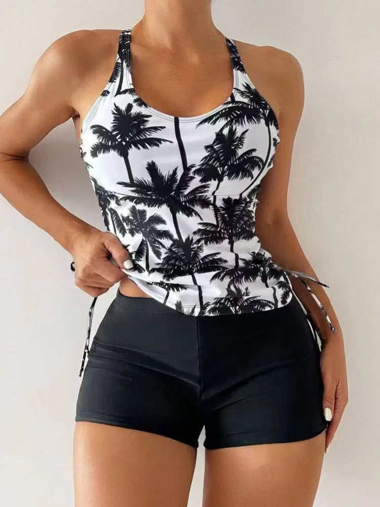 High Waist Swimwear Women 2025 New Two Pieces Swimsuit with Shorts Coconut Palm Print Tankini Set Summer Bathing Suit Trunks