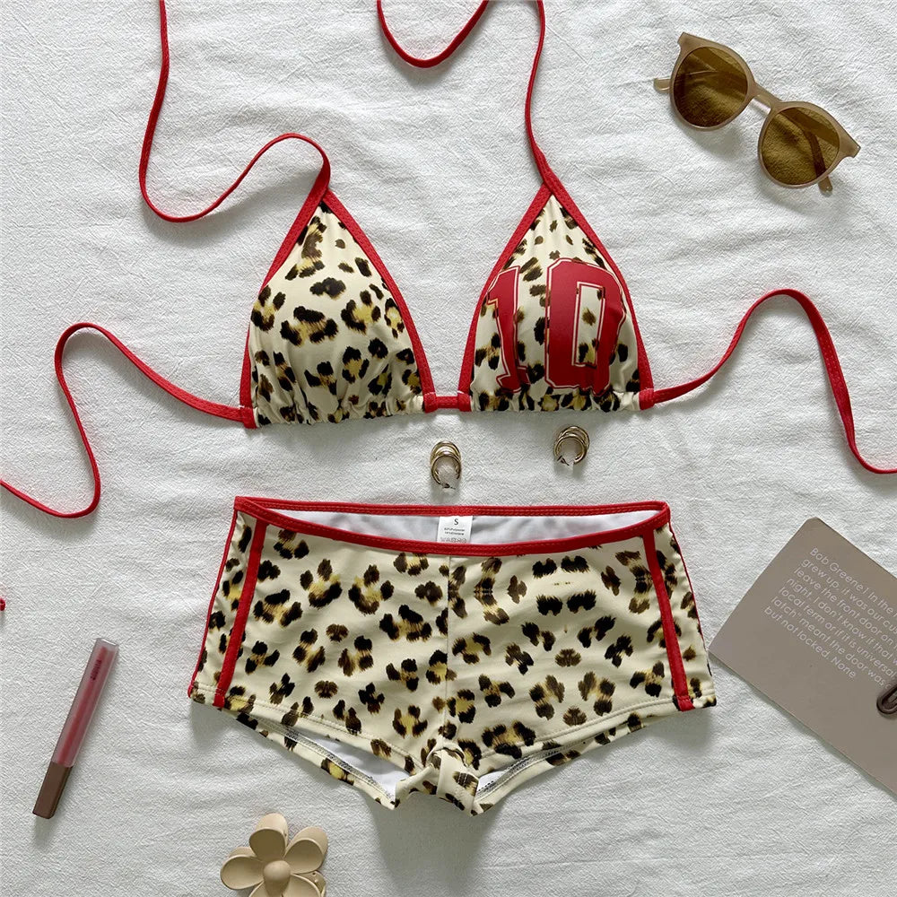 Leopard Number Print Swimwear Sexy Triangle String Halter Bikinis Sets Low Waist Bottoms Shorts Swimsuit Women 2026 Bikini Mujer