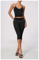 Summer Color Blocking Yoga Suit Women Tracksuit Hanging Neck V Neck Slim Sports Vest Tight Hip Lifting Capri Pants Fitness Sets
