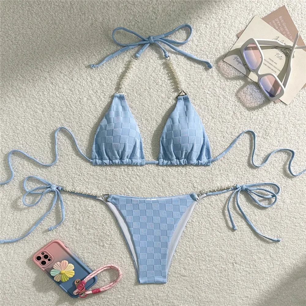 Light Purple Swimwear Pearl String Halter Micro Bikini Thong 2026 Sexy Swimsuit Women Bathing Suit Triangle Bikinis Sets Mujer