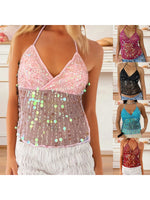 Women's Solid Color Halter Neck Crop Tops Summer Sleeveless V neck Open Back Slim Fit Tie Up Sequins Camis Tops
