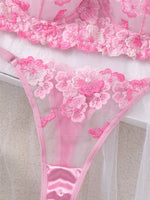 Pink Cherry Blossom Embroidered Lace Underwear Set - Sexy See-through Mesh Semi-cup Shaping Bra Thong Panties ZA825121