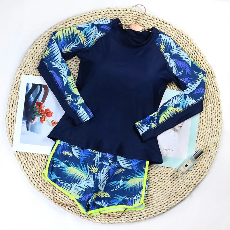 2026 Sexy Floral Long Sleeve Two-Piece Women's Surfing Swimsuit Drawstring Swim Tankini Rash Guard Beachwear Bathing Suit Female