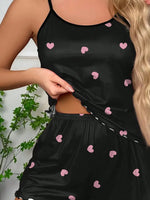 Heart Print Pajama Set Crew Neck Cami Top & Lettuce Trim Casual Round Sexy Women's Summer Sleepwear Soft Loungewear Nightwear
