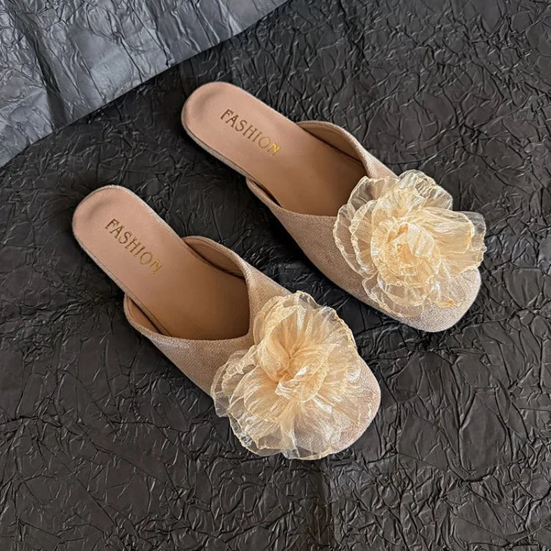 Women's Slip-On Sandals 2026Summer New Floral Closed-Toe Half Slippers,Elegant Style,Perfect with Dresses,Gentle Summer Footwear