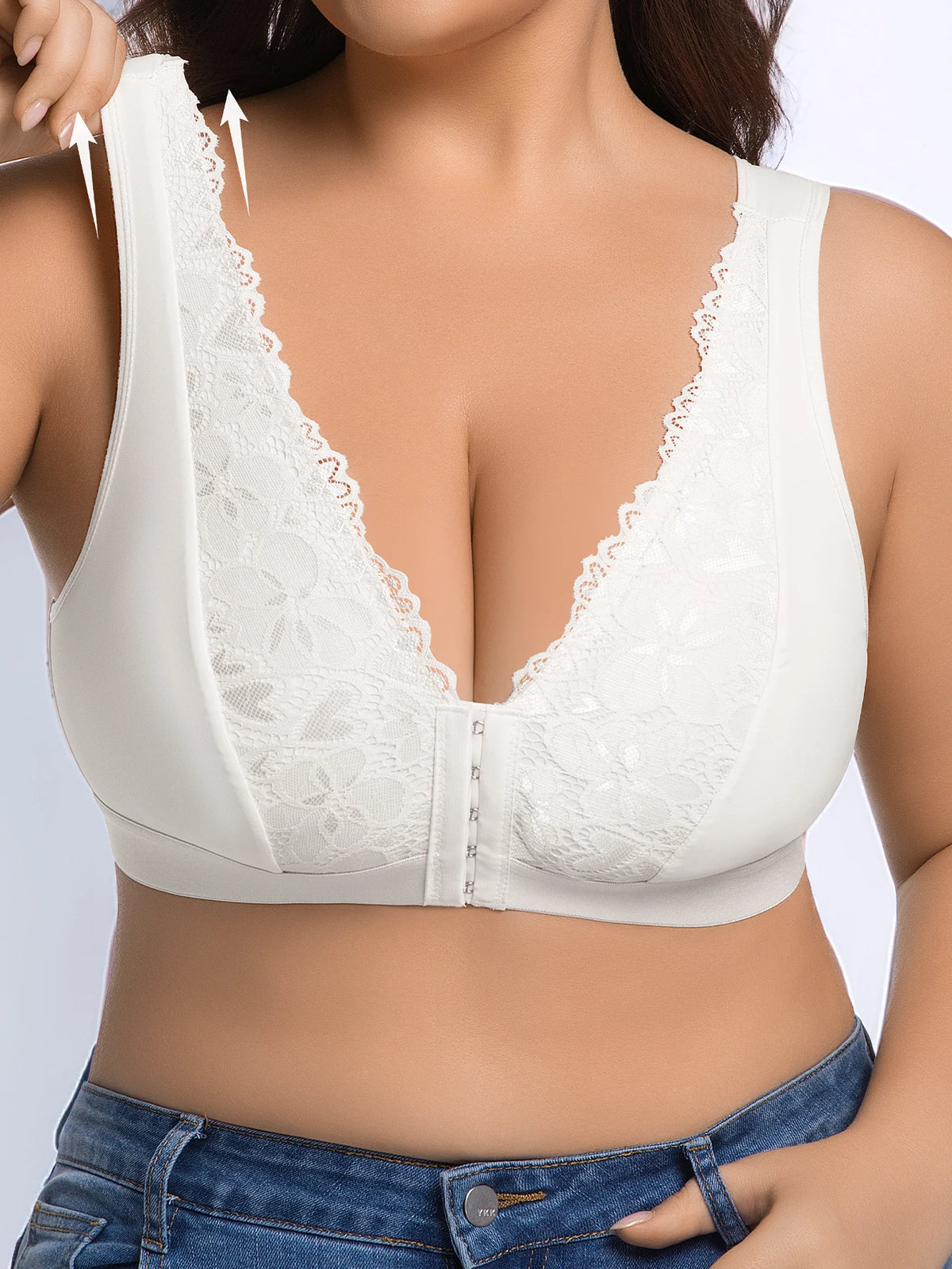 Wire-Free Plus Size Yoga Sports Bra, Wide Strap Front Buckle, Jacquard Lace, Shockproof Support Push Up Bra For Big Bust Women