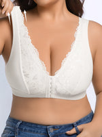 Wire-Free Plus Size Yoga Sports Bra, Wide Strap Front Buckle, Jacquard Lace, Shockproof Support Push Up Bra For Big Bust Women