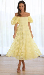 Foridol Off Shoulder Summer Spring Midi Dresses Women Casual Puff Sleeve A-line Beach Vestidos Yellow Beach Party New in Dress