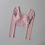 Women's Long Sleeve Yoga Top Cross Back Fitness Exercise Suit Fixed Chest Cushion Comfortable Sports Bra Top