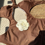 2025 New Color-Block Floral Pattern Trim One-Piece Slim Tie Hollow Out Swimsuit Sexy Backless Bathing Suit Trajes De Baño