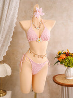Vintage White Floral Embroidery Bikini Set 2026 Women 3D Flower Push Up Bra Pleate Skirt 3 Piece Swimsuit Bathing Suit Swimwear