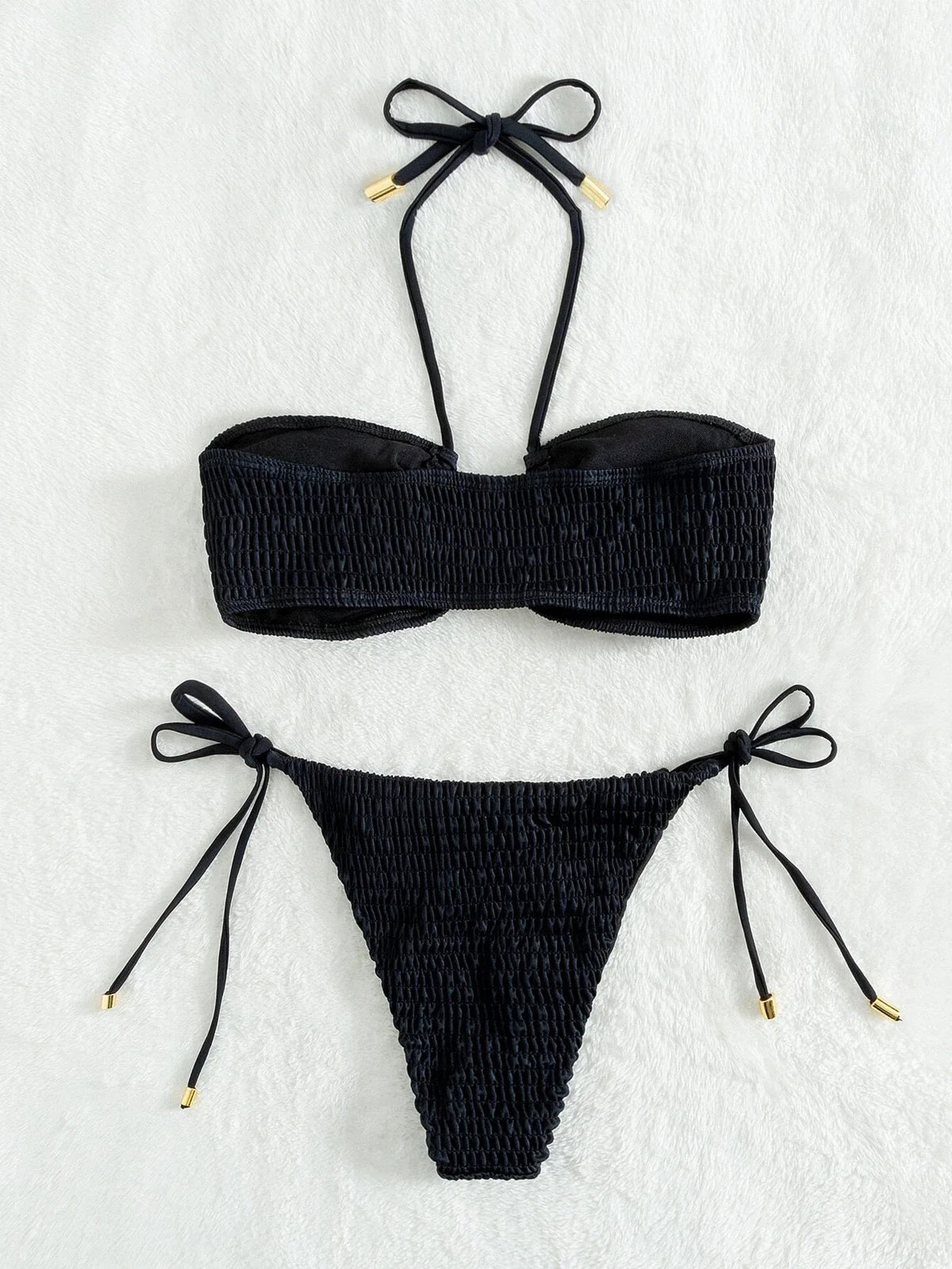 Halter Tie Side Pleated Smocked Bikini Women Bandeau Swimsuit Female Swimwear Two Pieces Bikini Set Bathing Suit Swim Beach Wear