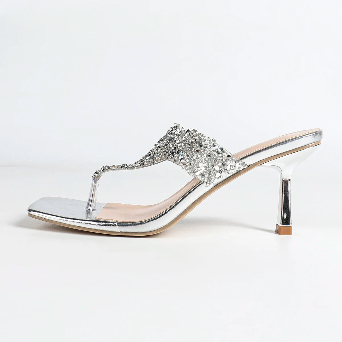NASBAVI 7cm Thin-heeled Flip-flops for Summer, Shiny Rhinestones, Square-toed, Open-toed, Hermeted Casual Outerwear for Women