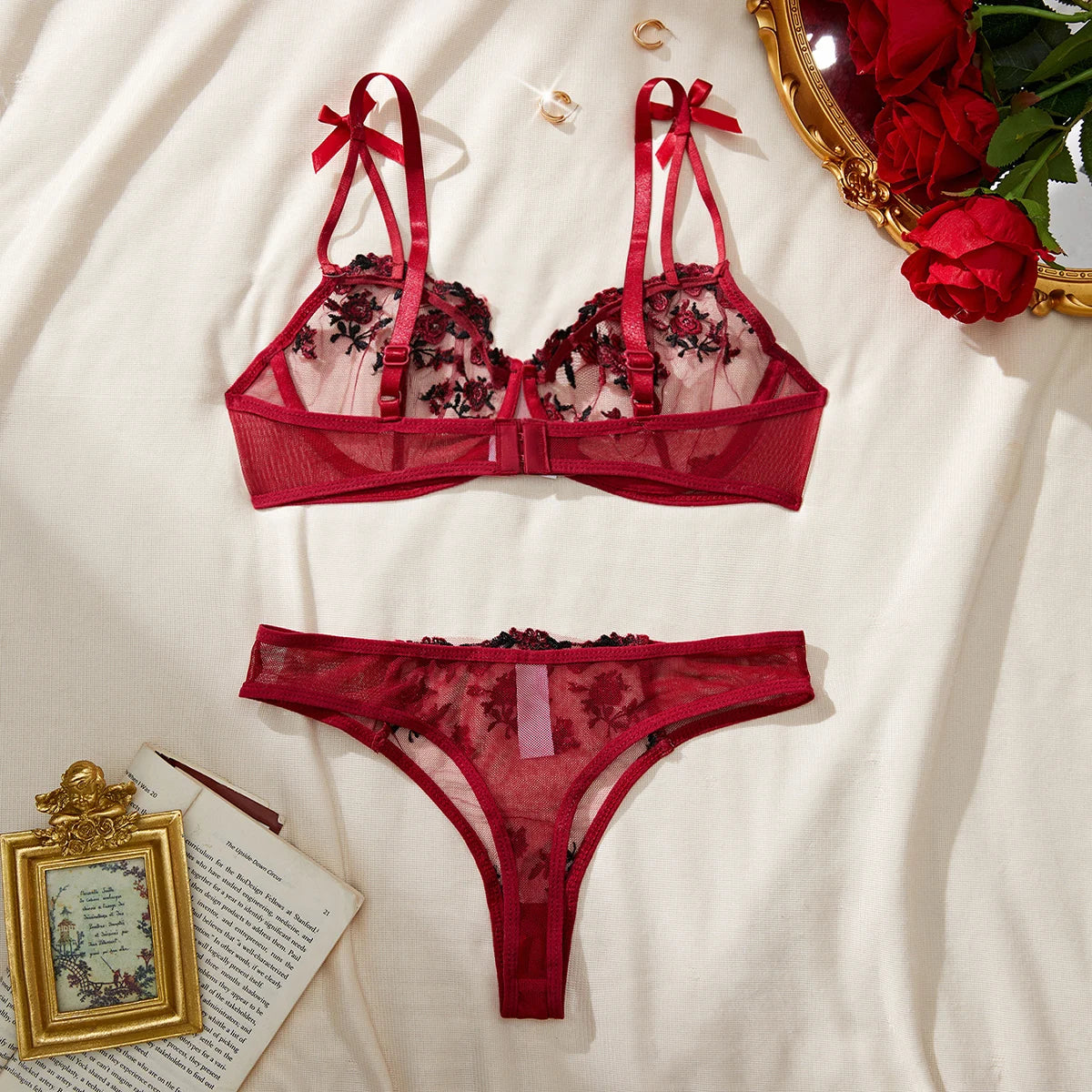 Red Unlined Transparent Embroidery Floral Sleepwear Lace Costumes Ladies Babydoll Bra And Briefs Set No-pad For Dating Gift