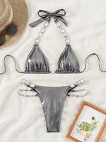 Snake Printed Halter Rhinestone Diamond Bikini Women Swimwear Female Swimsuit Two-pieces Bikini Set Brazilian Bathing Suit Swim