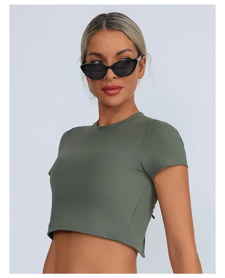 Yoga Short Sleeved T-shirt Women Hollow Back Bandage Tie Cross Sports Tank Top with Chest Gym Running Active Wear Fitness Shirts