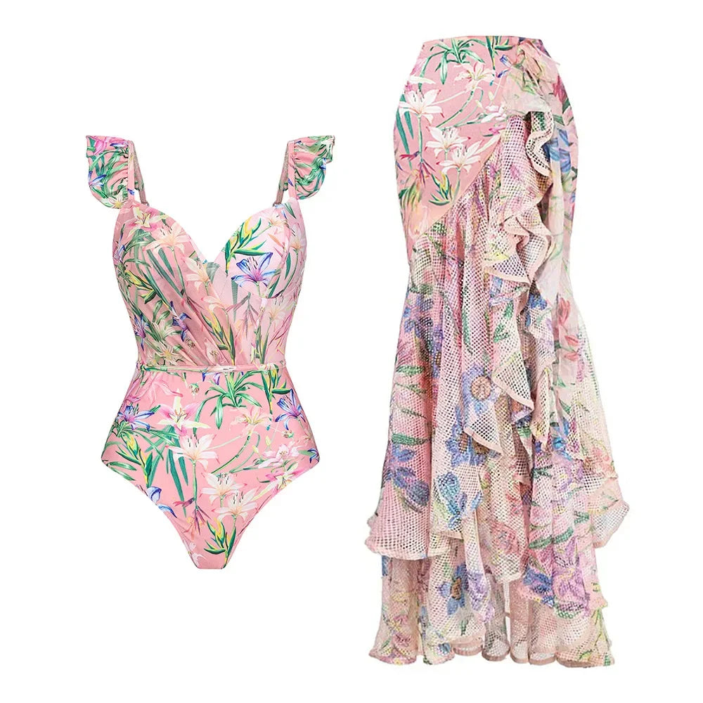 2025 New 2PC Push Up Women Bikini Set Skirt Floral Printed Bikinis Strappy Bandage Swimwear Brazilian Biquini Bathing Suit