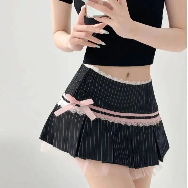 Striped Contrasting Color Bow Lace Splicing Pleated Skirt Women 2026 Summer American Style Low WaistA-line Short Skirt UBFK