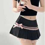 Striped Contrasting Color Bow Lace Splicing Pleated Skirt Women 2026 Summer American Style Low WaistA-line Short Skirt UBFK