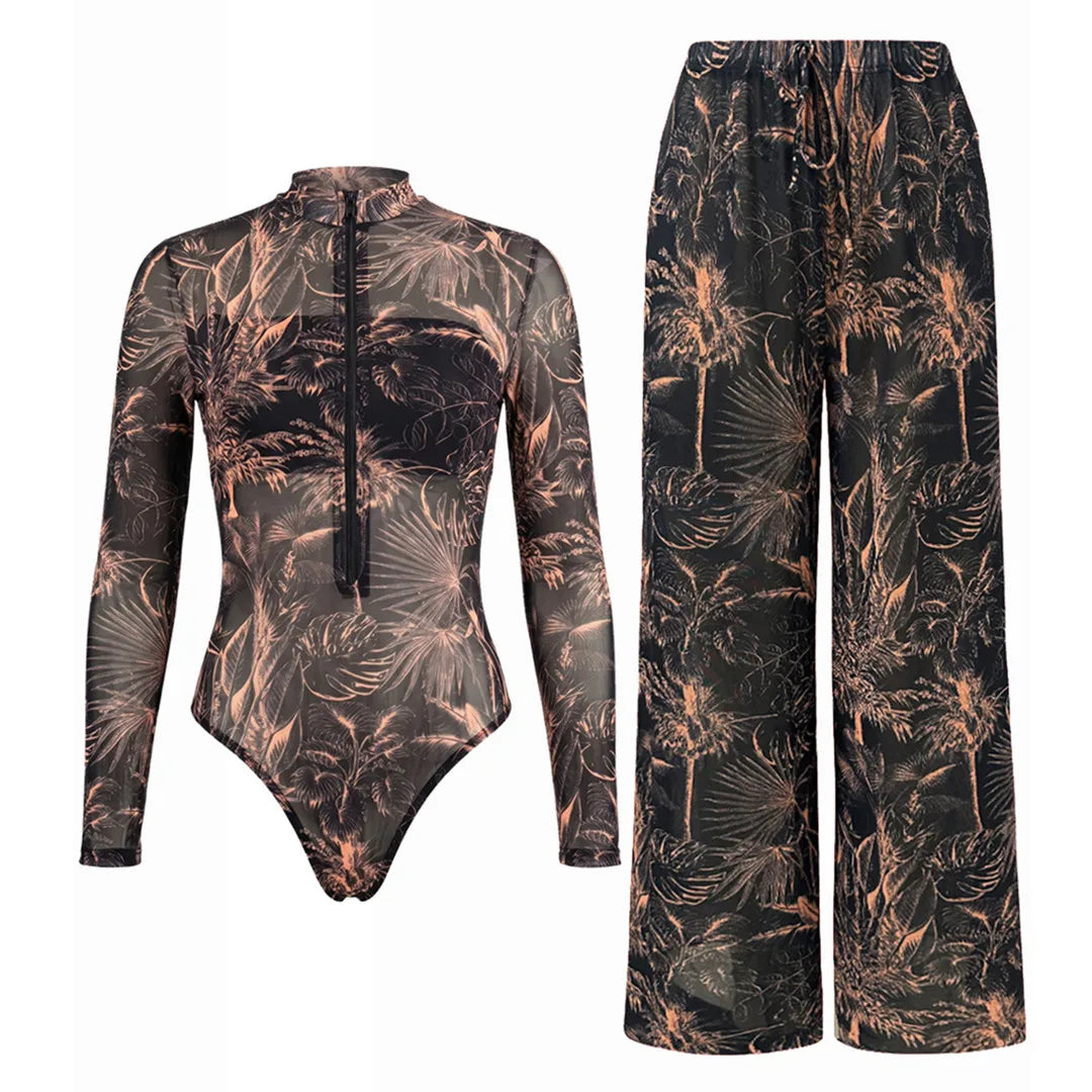 S - XXL New Leaves Printed Long Sleeve With Zipper Pants One Piece Swimsuit Women Swimwear Female Bather Bathing Suit Swim V8355