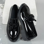 Chain Decor Patent Leather Women's Loafers Comfortable Slip On Med Heel Student Shoes Woman Plus Size Point Toe Oxford Shoes 42