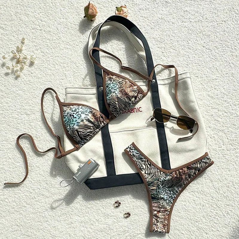 Sexy Leopard Print Bikini 2 Piece Set Women Laced Up Split Swimsuit Low Waist Beachwear 2025 New Summer Swimwear Bikinis Set