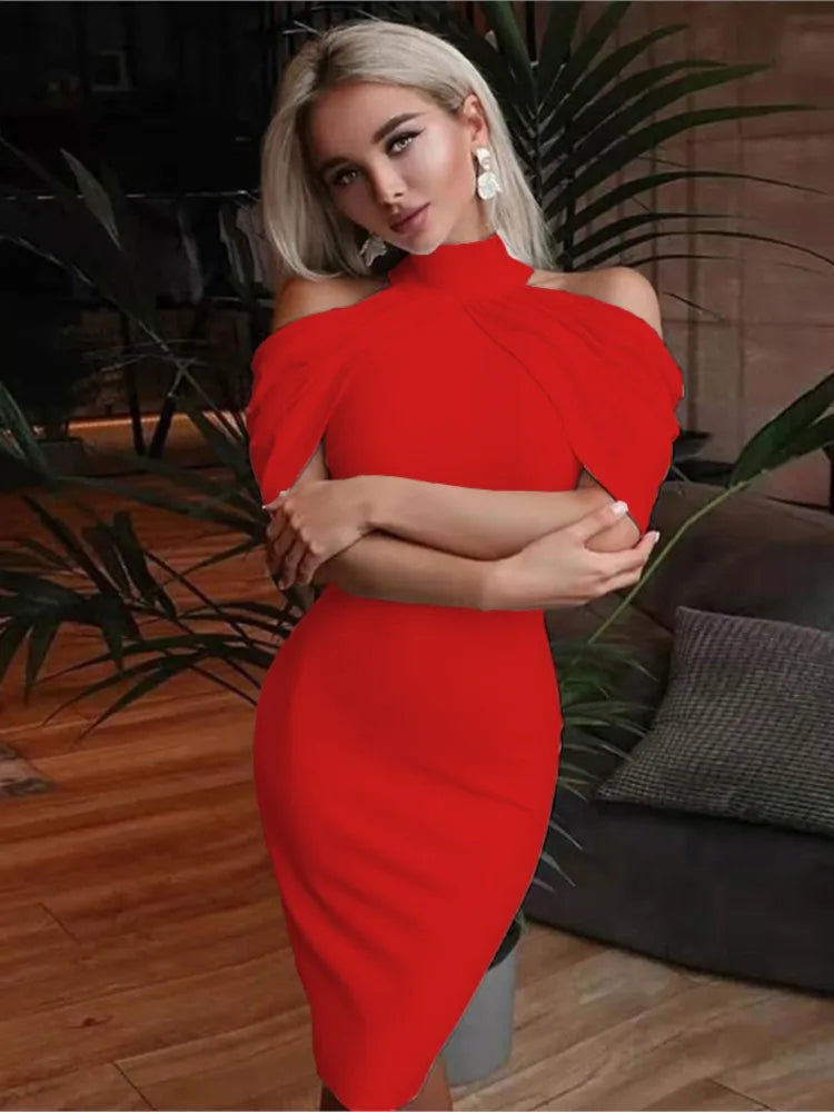 2024 New Solid Color Slim Midi Dresses Women Halter Neck Off Shoulder Package Hip Bodycon Elegant Temperament Ladies Party Dress