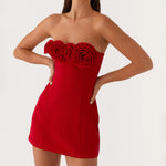 Women Solid Color Sexy Mini Dress Sleeveless Strapless Backless Flowers Slim Fit Summer Tube Dress Party Clubwear