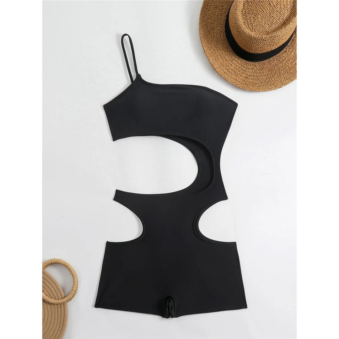 Asymmetric One Shoulder High Waist Shorts Cut Out Padded Bather Bathing Suit Swim One Piece Swimsuit Women Swimwear Female K8044