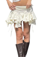 Women Solid Color Gothic Punk Irregular Skirts Summer Fashion Drawstring Tie-Up Ruched Ruffles Mini SkirtBlack/White