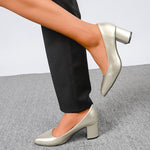 Plus Size 42 Pointed Toe Thick Heels Pumps Women Slip On Pu Leather High Heels Shoes Woman High Heeled Office Party Shoes Ladies