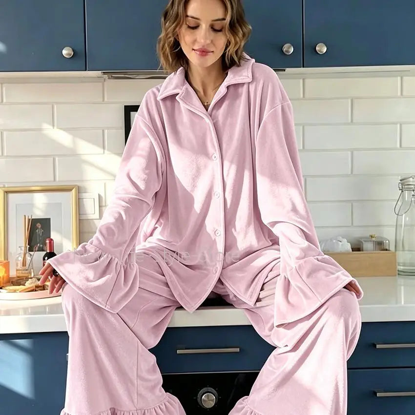 Women 2026 Autumn Winter Knit Korean Velvet Pajama Set Ruffle Long Sleeve Pants Two Piece Warm Ladies Homewear Sleepwear