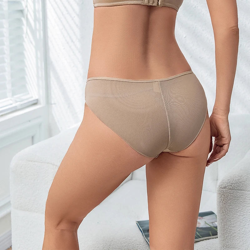 Soft Satin Women's Panties, Fashionable and Sexy Mesh Semi-Transparent Hollow-Out Metal Comfortable Briefs for Women