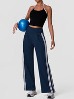 New Contrasting Striped Yoga Sets Women Hanging Neck Slim Sports Vest Gym Outfits High Waist Pocket Pants Running Fitness Suits