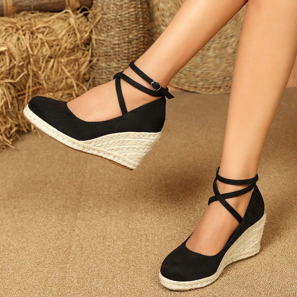 Big Size 43 Comfort Summer Office Lady Platform Shoes Espadrilles Shoes Women Leisure Cross Strap High Heels Wedges Pumps Woman