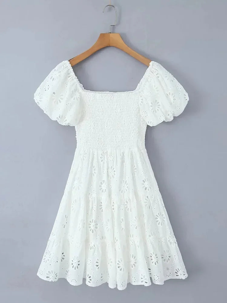 Puff Sleeve Cotton White Lace Dress Women Summer 2025 Square Collar Vintage Beach Short Dress Petite Flower EmbrioderyDress