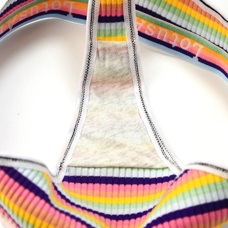 5Pcs/Set G-string Women Panties Female Low Waist Thongs Seamless Underwear Sexy Lingerie Rainbow Striped Cotton Underpants M-XL