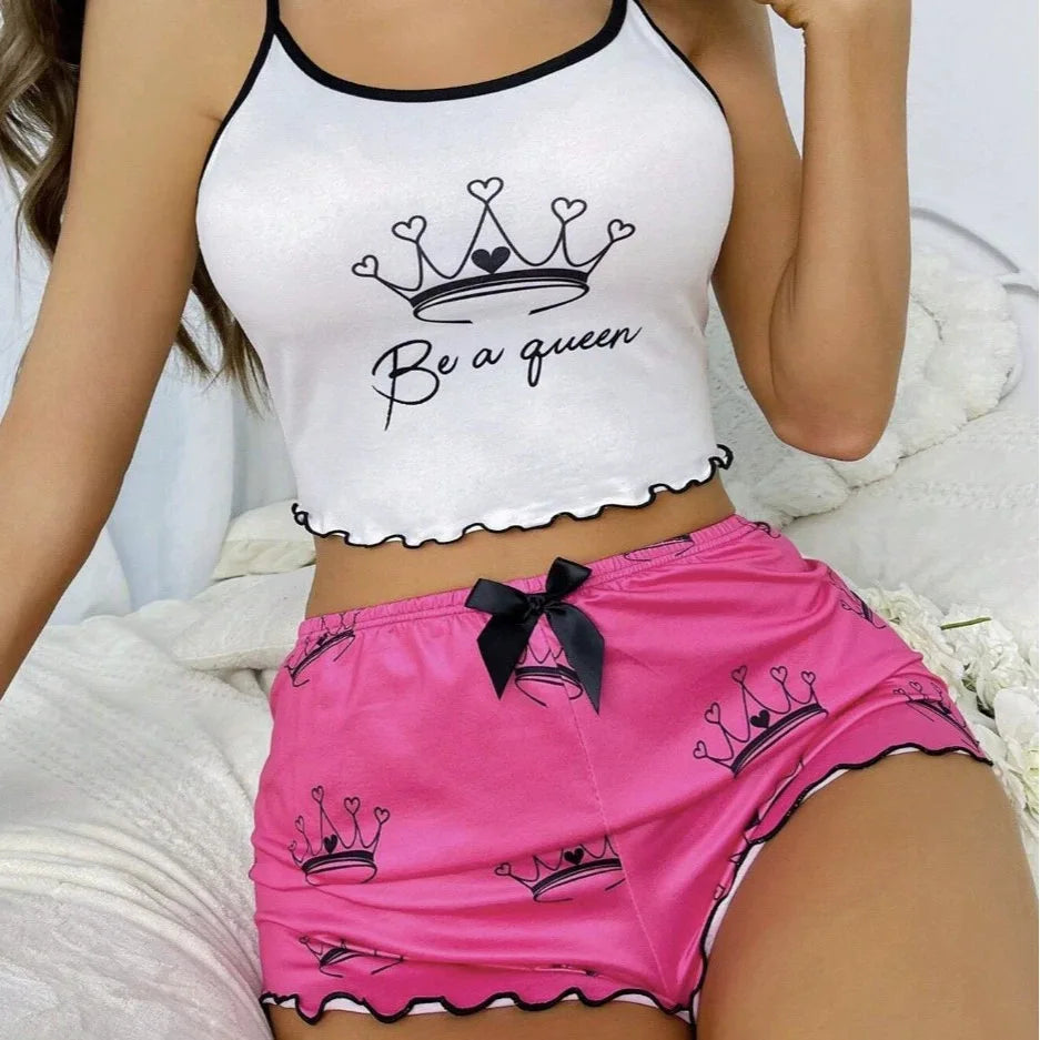 Summer Women's Milk Silk Printed Crown & Flamingo ShortsTank Top Two-Piece Set Casual Loungewear Homewear Sleepwear