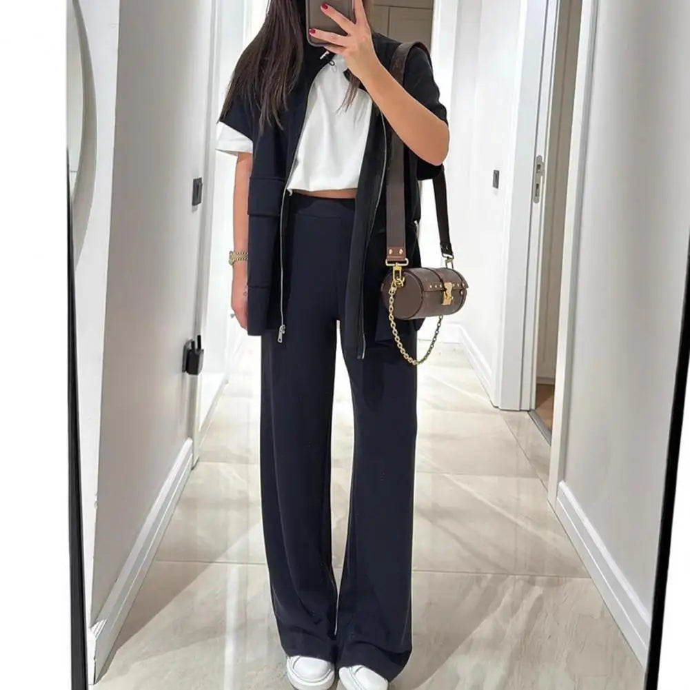 Women's Two Piece Outfit Casual Full Zip-up Short Sleeve Shirt And Wide Leg Pants Set Office Casual Lounge Tracksuit