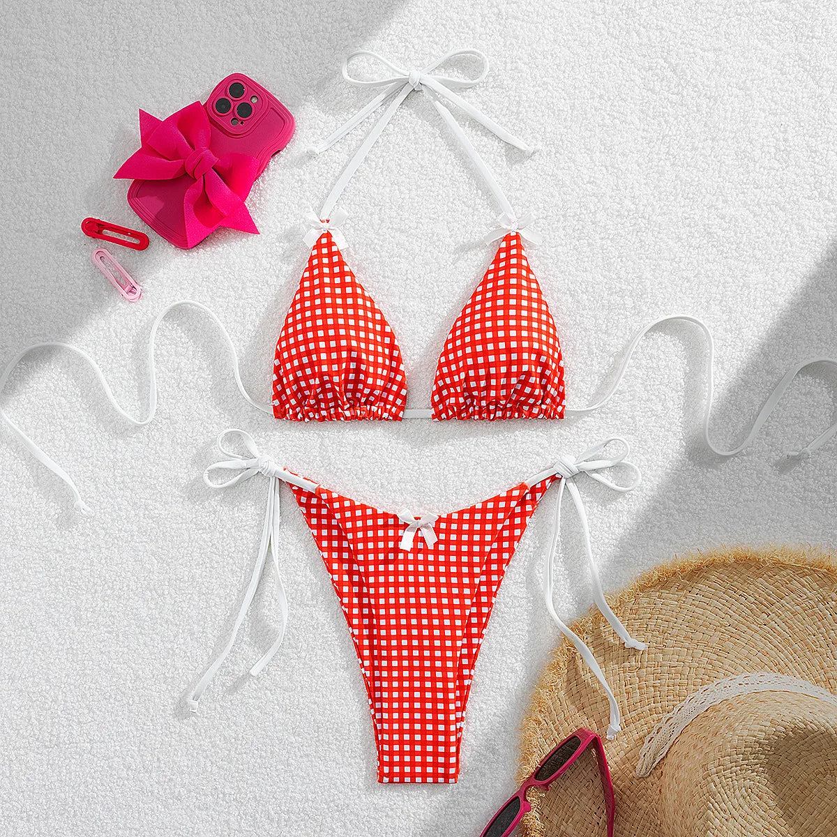 DEKA Brazilian Plaid Bikini Set Women Cut Out Swimsuit Print Swimwear High Waist Triangle Micro Two Piece Suit Biuqini Beach