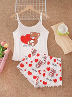 Summer Cute Bear+Heart Print 2pcs Pajamas Set Women Homewear Camisoles Tops and Shorts Underwear Sexy Lingerie Sleepwear